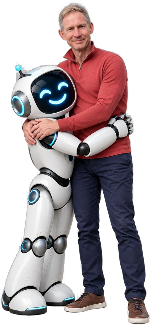 Ron Meijering met een vriendelijke robot in zijn armen